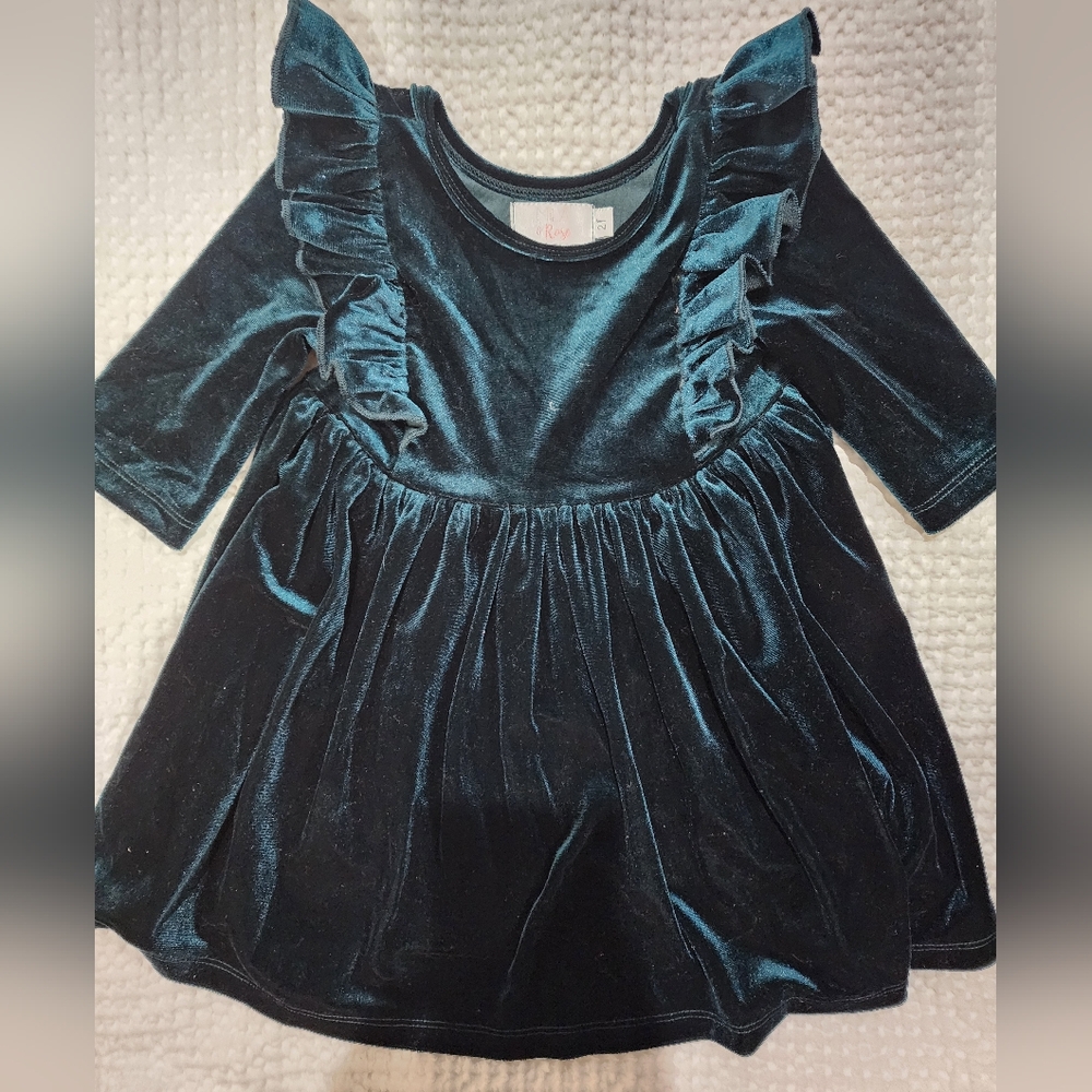 2T Teal Velvet Dress with Ruffle Accents